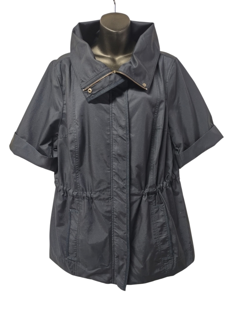 NWT CJ Banks Wns 1X Navy Blue Short Sleeve Zip Collar Utility Jacket Drawstring